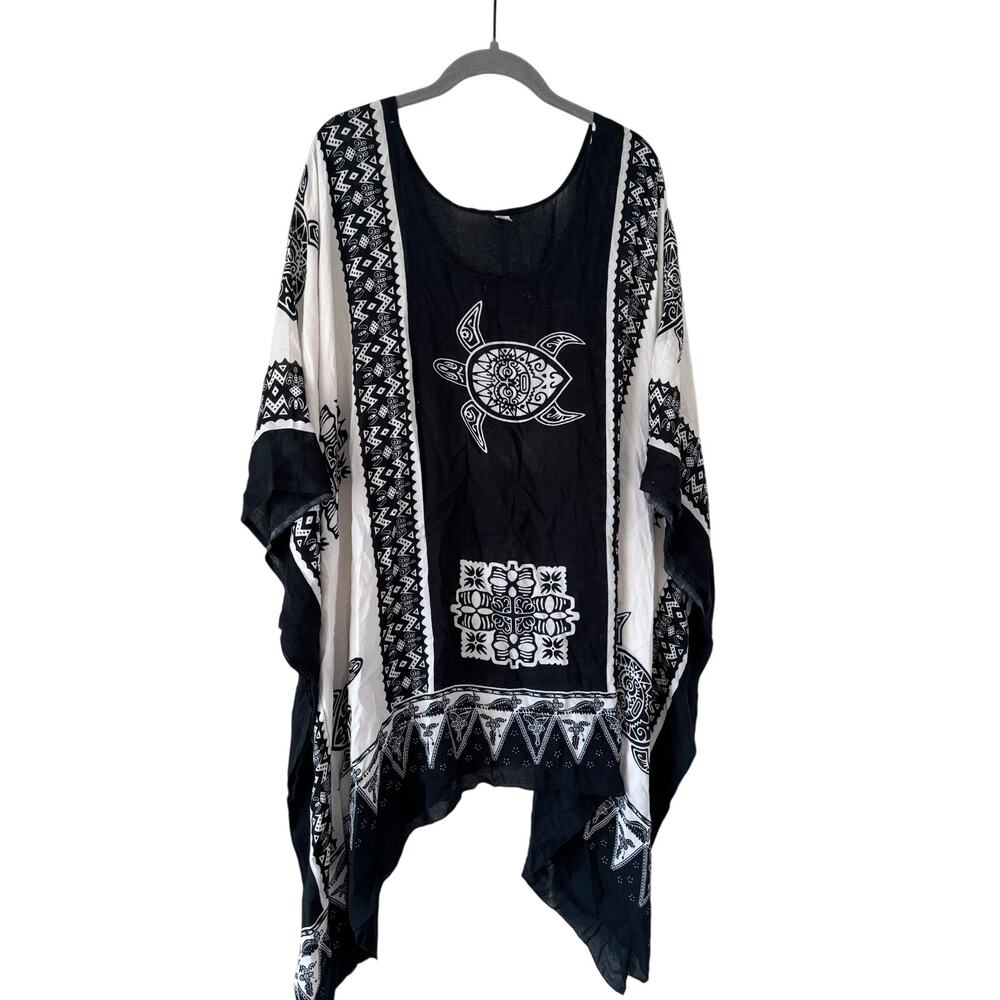 Handmade Rayon Beach Cover Up Kaftan Black White Sea Turtle Boho One Size - Picture 3 of 9